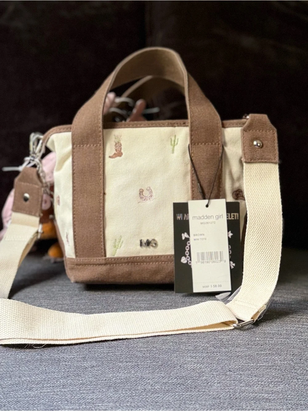 NWT Madden Girl Viral Mini Brown & Biege Canvas Tote Pink Scarf Plush Charm